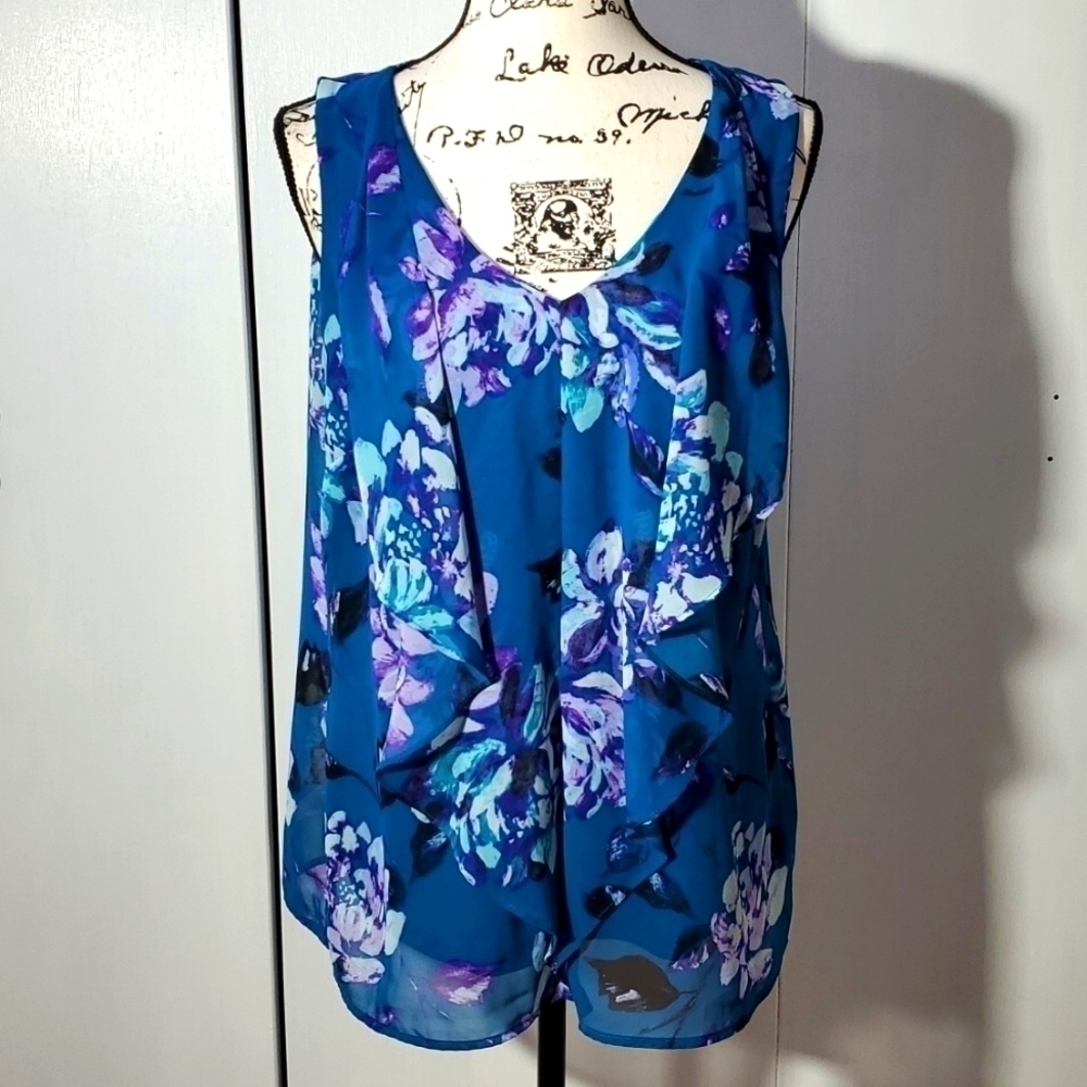 AB Studio|  Ruffle Front Sleeveless Teal/Purple Careerwear Top Floral  Sz.L